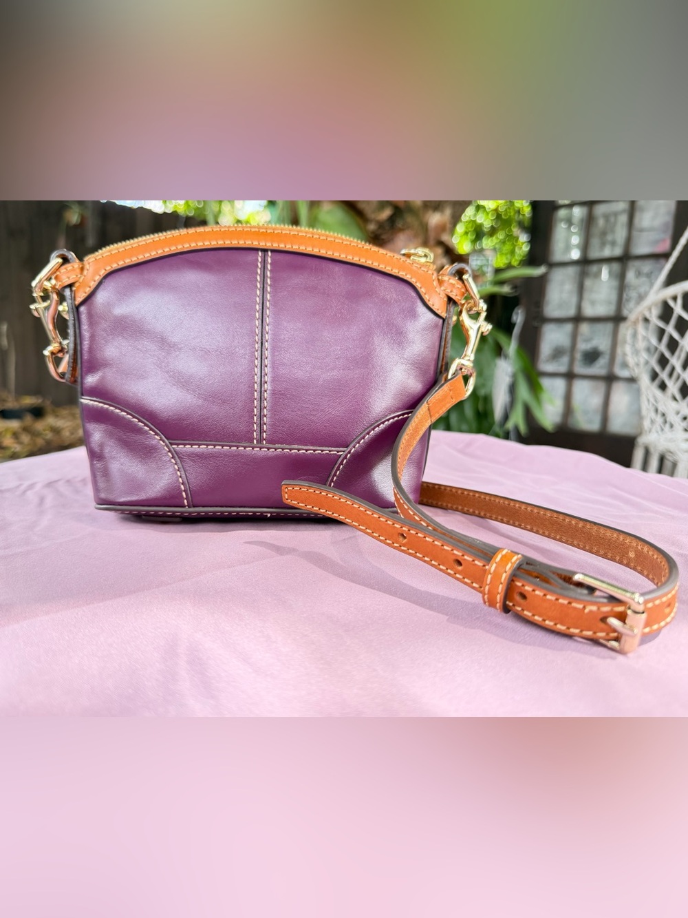 Dooney & Bourke Plum Leather Domed Crossbody with Vachetta Trim and Strap - Picture 7 of 12
